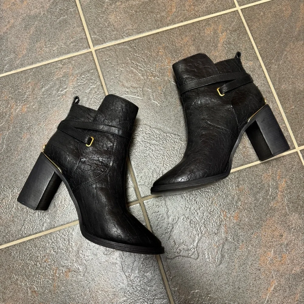 Tory Burch Kayden Buckle Strap Leather Ankle Boots Black 9.5